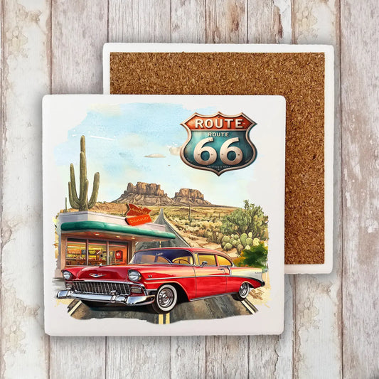 Route 66 Vintage Car Diner Set of 4 Stone Coaster