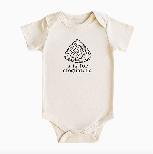S Is for Sfogliatella natural baby bodysuit featuring a black line-art Italian pastry illustration and playful lettering