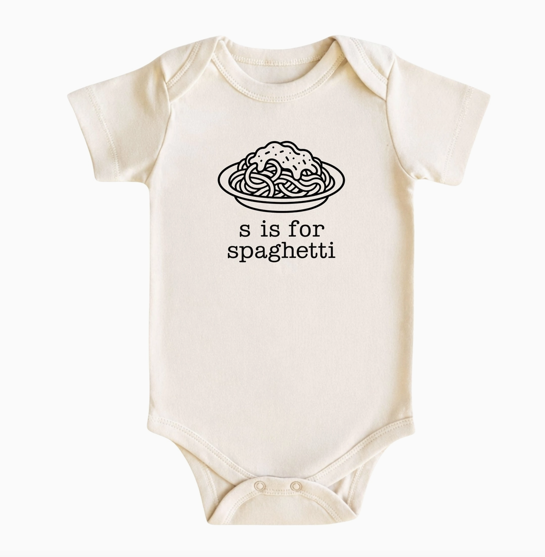 S Is for Spaghetti natural baby bodysuit featuring a black line-art plate of spaghetti and playful lettering