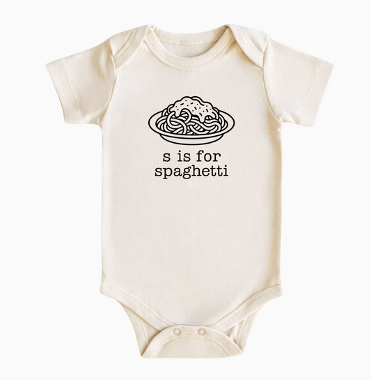 S Is for Spaghetti natural baby bodysuit featuring a black line-art plate of spaghetti and playful lettering