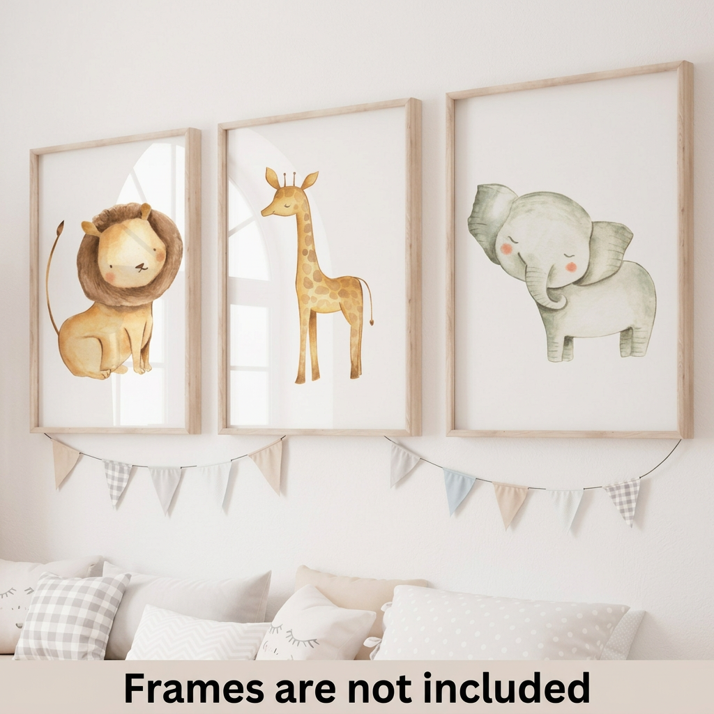 Set of three watercolor safari nursery wall art prints featuring a lion, giraffe and elephant displayed in natural wood frames above a nursery bed.