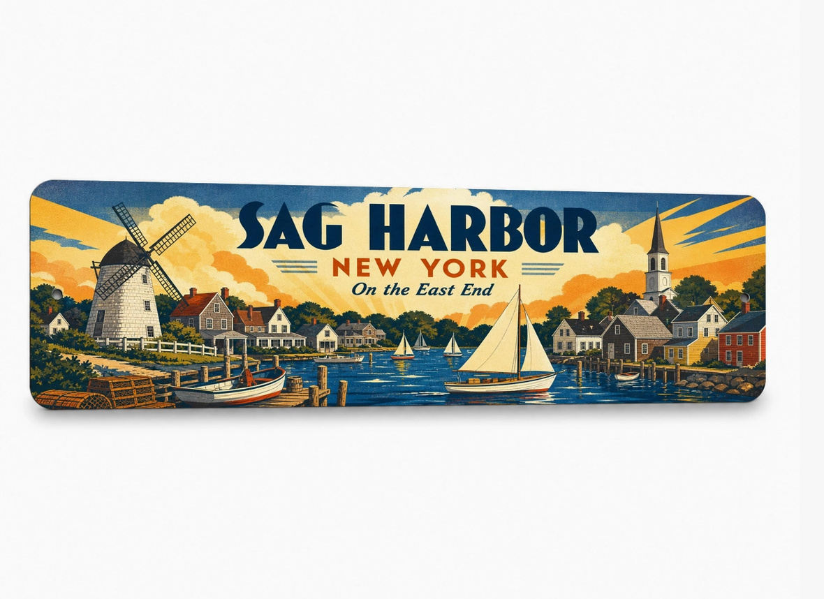 Sag Harbor New York metal sign in vintage WPA travel poster style with sailboats, waterfront village, windmill and coastal scenery.
