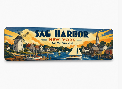 Sag Harbor New York metal sign in vintage WPA travel poster style with sailboats, waterfront village, windmill and coastal scenery.