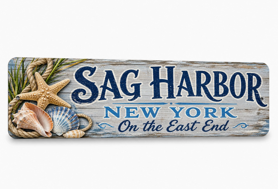 Sag Harbor New York metal sign with printed weathered vintage design featuring sailboats and coastal village scenery.