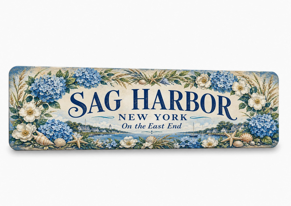 Sag Harbor New York metal sign framed with blue hydrangeas, white flowers, seashells and coastal accents.