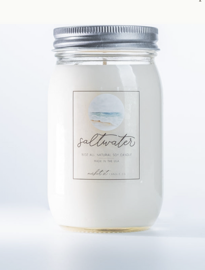 Saltwater Classic soy candle in glass Ball jar with silver metal lid and ocean-inspired label.