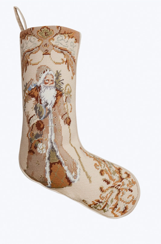 Decorative Christmas stocking with embroidered design on a white background