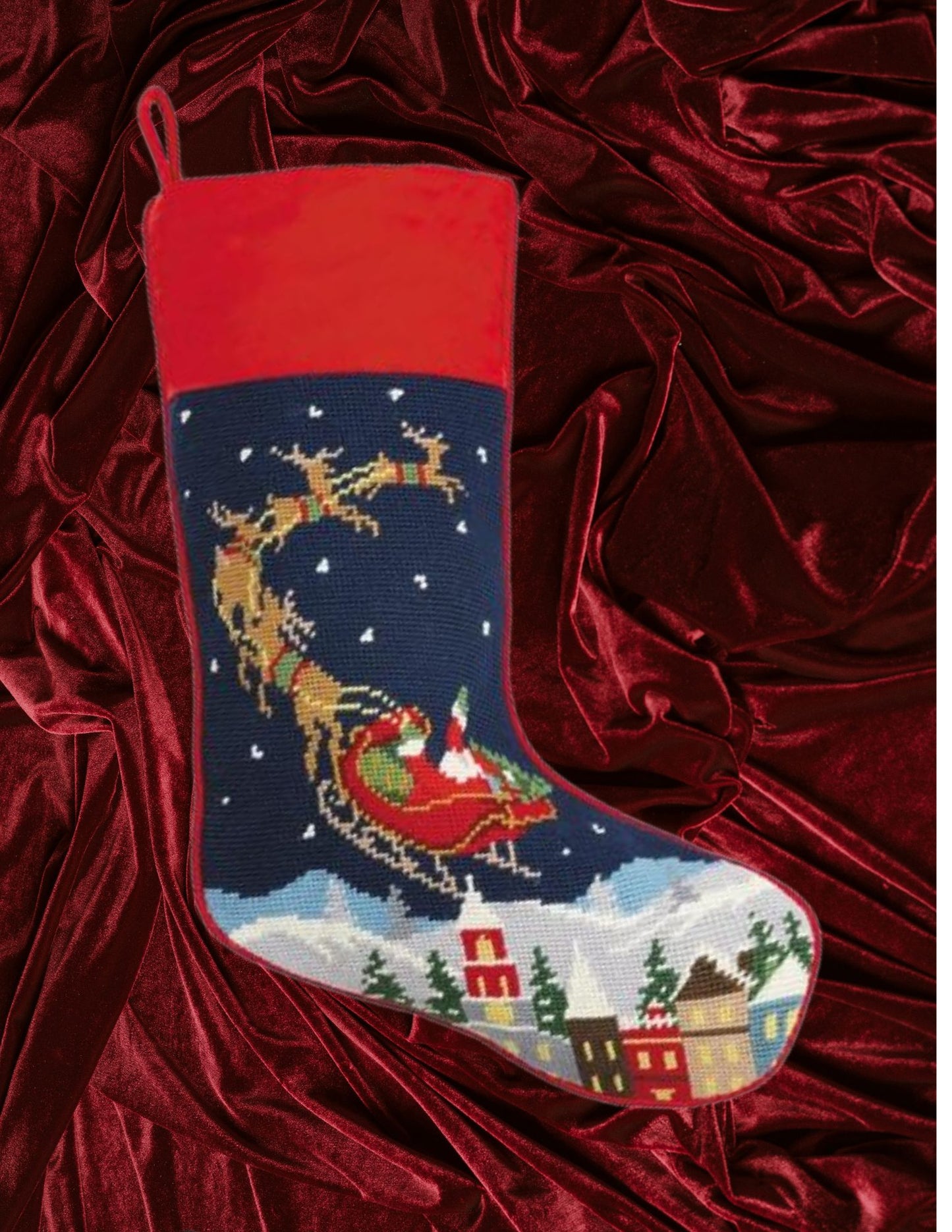 Santa and Reindeers Needlepoint Stocking