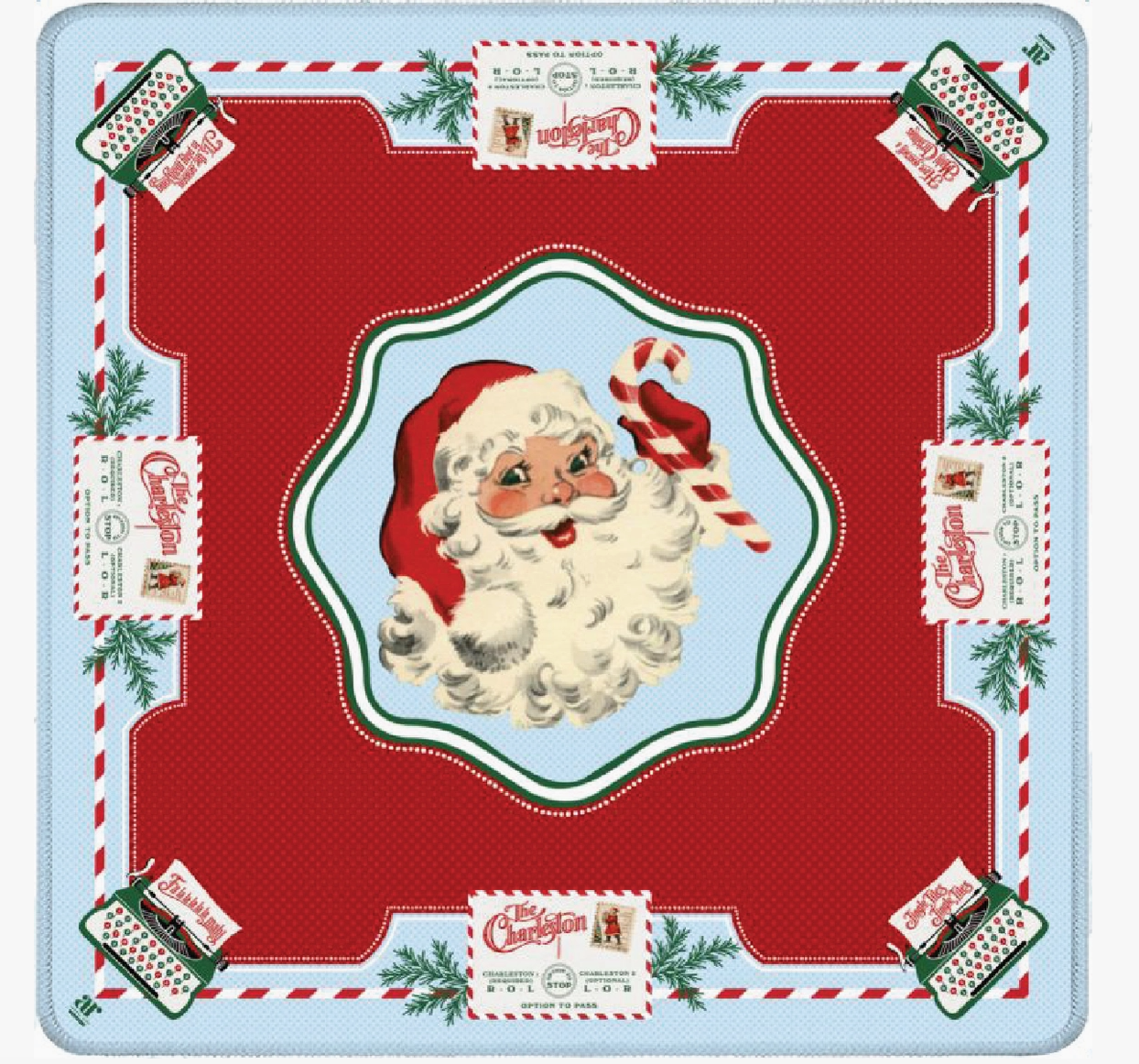 Santa's Mahjong Mail 33 inch Christmas Mahjong mat featuring vintage Santa, holiday mail and festive red and blue design.