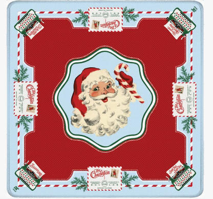 Santa's Mahjong Mail 33 inch Christmas Mahjong mat featuring vintage Santa, holiday mail and festive red and blue design.