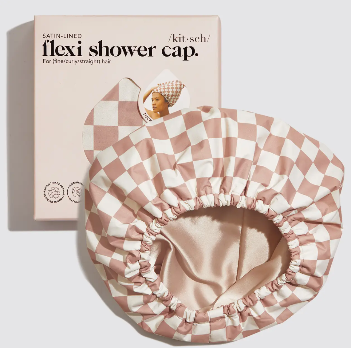 Satin Lined Flexi Shower Cap - Terracotta Checker by Kitsch