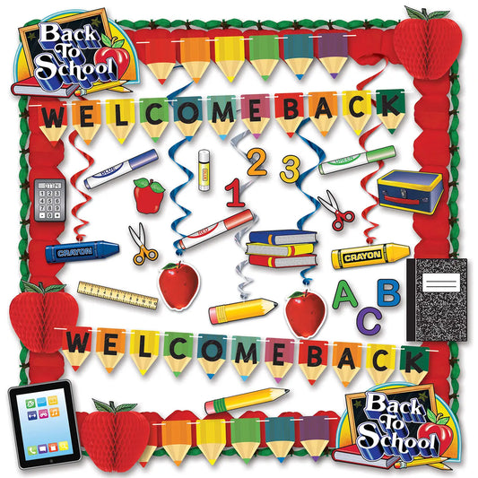 Decorative bulletin board with 'Welcome Back' text, school supplies, and 'Back to School' graphics.