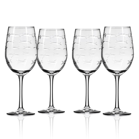 Set of four clear wine glasses with textured design on a white background