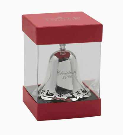 2026 Towle silver-plated pierced Christmas bell ornament presented in its red Towle display box.