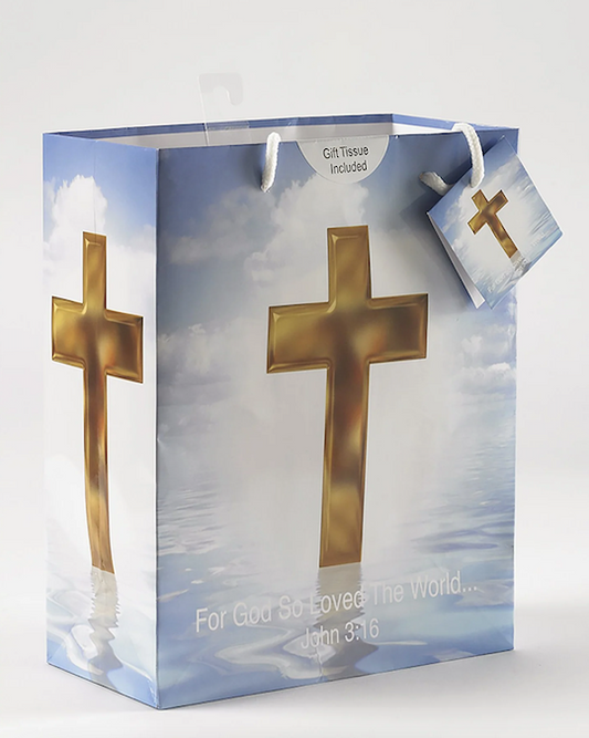 Gold Cross Religious Gift Bag with Tissue Set of 14