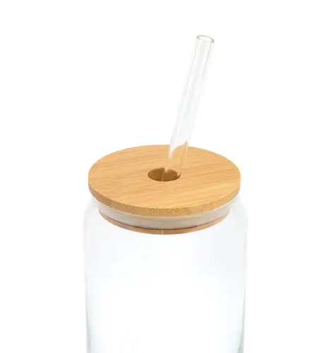 Round Bamboo Lid with Straight Glass Straw - Natural