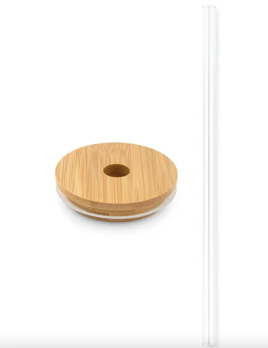 Round Bamboo Lid with Straight Glass Straw - Natural