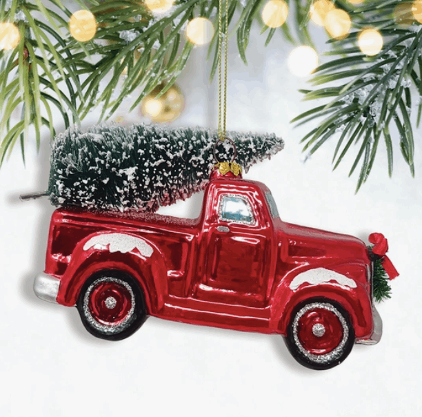 Traditional Glass Red Truck Ornament with Ornamental Tree