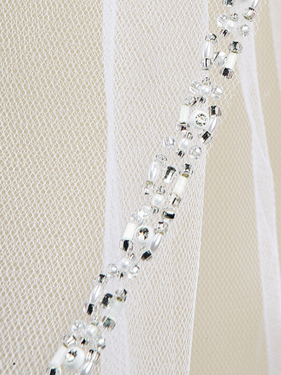 Rhinestone Edge Fingertip Veil Pearls, Beads & Crystals - Ivory