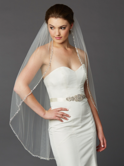 Silver Beaded Edge with Pearls 42" Long Fingertip Veil
