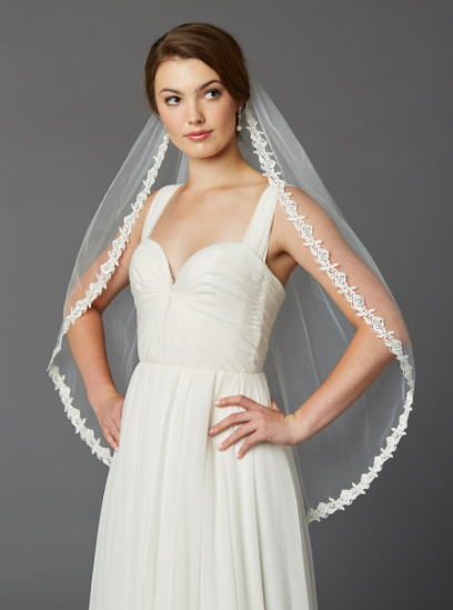 36" Fingertip Length Lace Edge Veil Beaded Accents