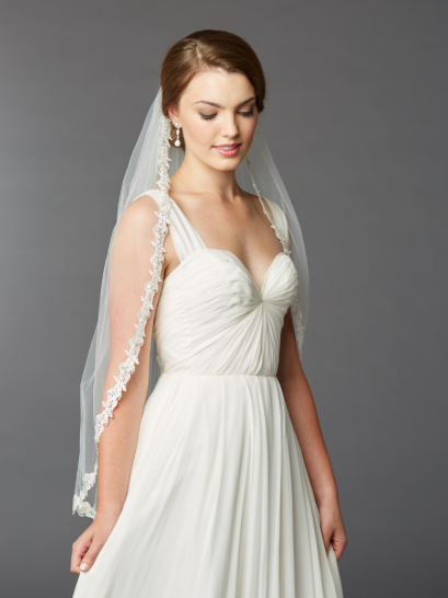 36" Fingertip Length Lace Edge Veil Beaded Accents