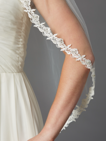 36" Fingertip Length Lace Edge Veil Beaded Accents