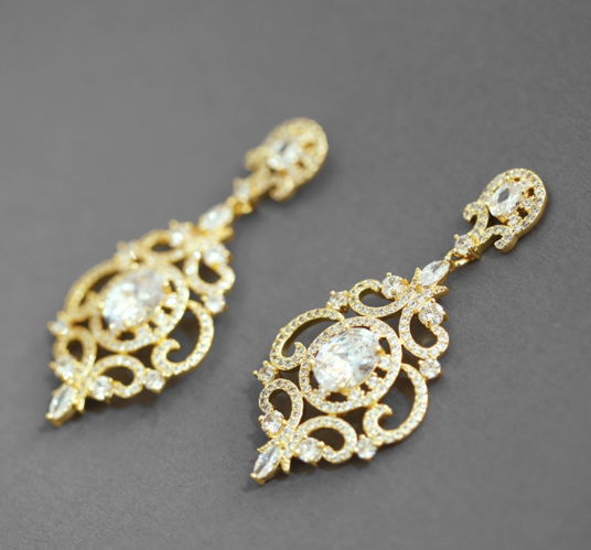 Victorian Scrolls 14K Gold Plated CZ Chandelier Earrings
