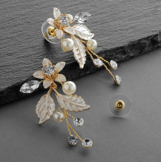 Gold Vine Crystals, Silver Leaves & Ivory Pearl Earrings