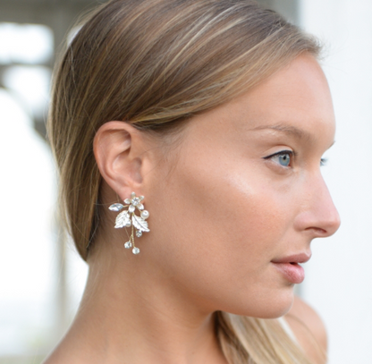 Gold Vine Crystals, Silver Leaves & Ivory Pearl Earrings