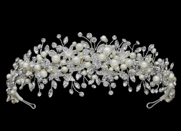 " Charlotte" Ivory Pearl and Crystal Spray Headpiece