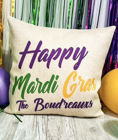 Happy Mardi Gras Personalized Burlap Pillow