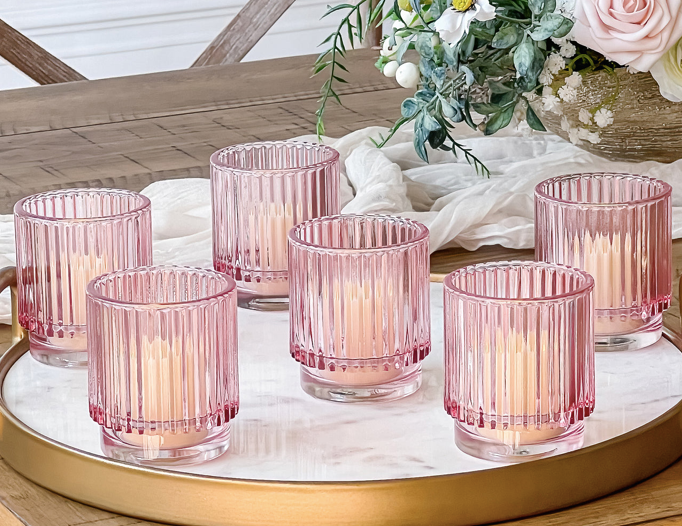 Ribbed Pink Glass Votive Candle Holder (Set of 6)