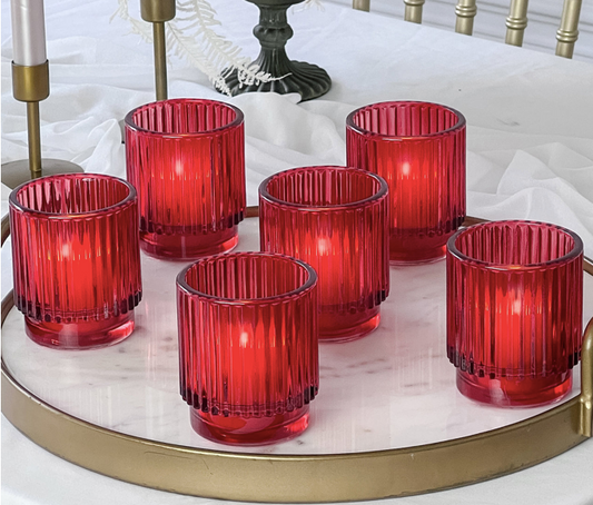 Ribbed Red Glass Votive Candle Holder (Set of 6)