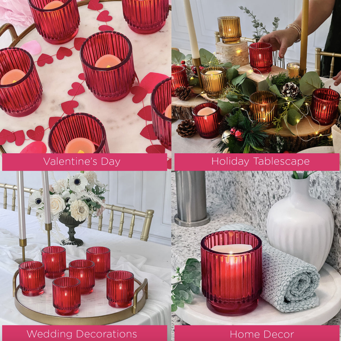 Ribbed Red Glass Votive Candle Holder (Set of 6)
