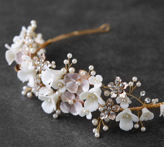 Gold Bridal Ivory & Hand Painted Matte Blush Flower Crown