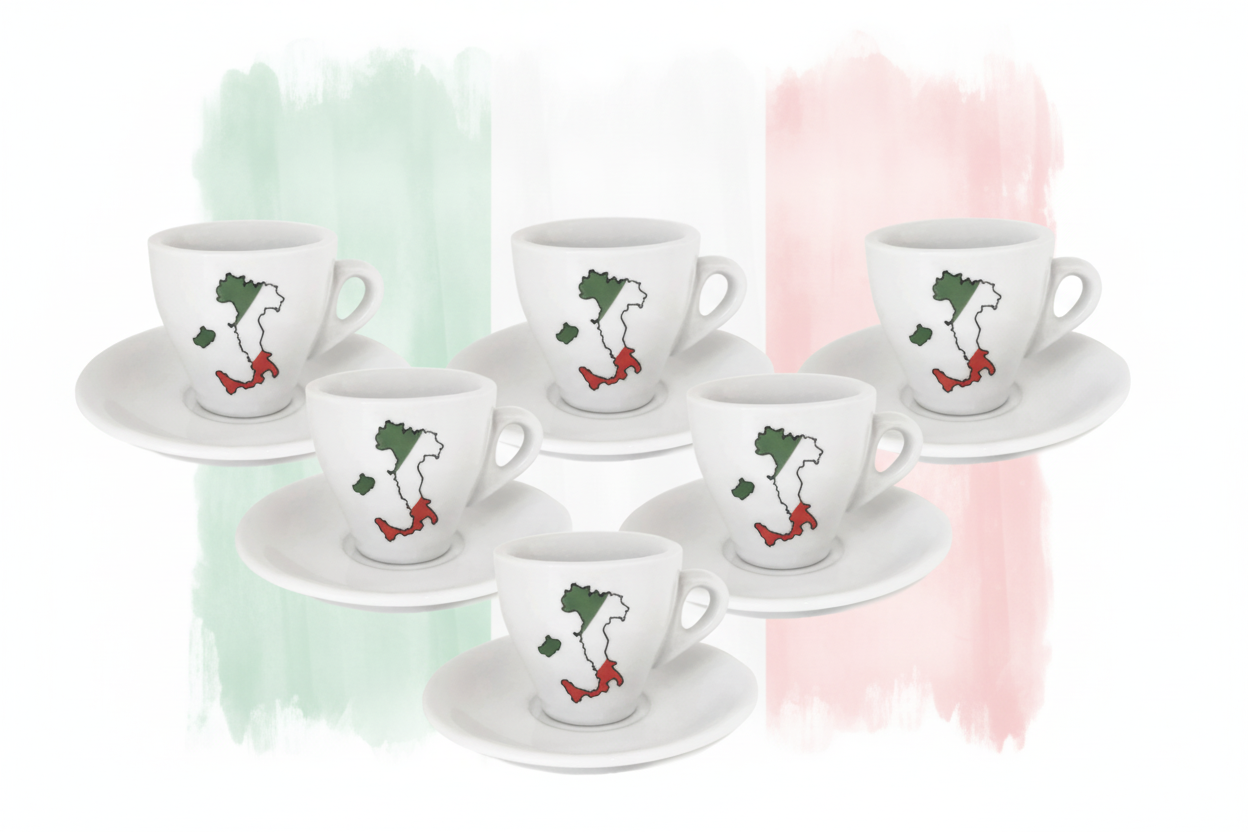 Italian Boot 3oz. Porcelain Espresso Set of 6 Cup & Saucers