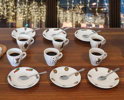 Italian Playing Card 2.75oz. Porcelain Espresso Set of 6 Cup & Saucers