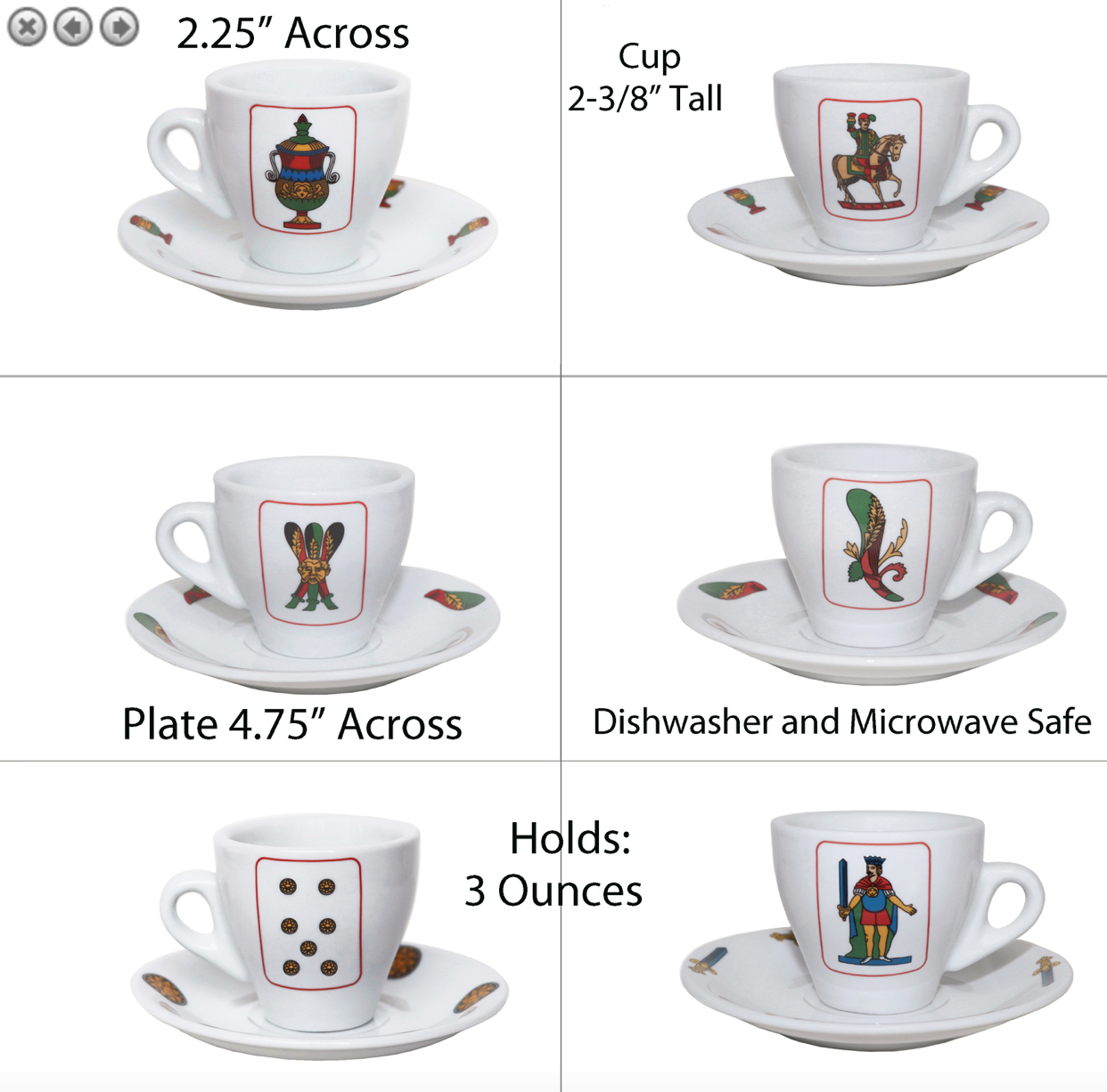 Italian Playing Card 2.75oz. Porcelain Espresso Set of 6 Cup & Saucers