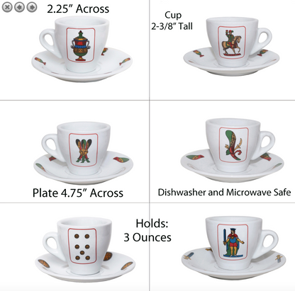 Italian Playing Card 2.75oz. Porcelain Espresso Set of 6 Cup & Saucers