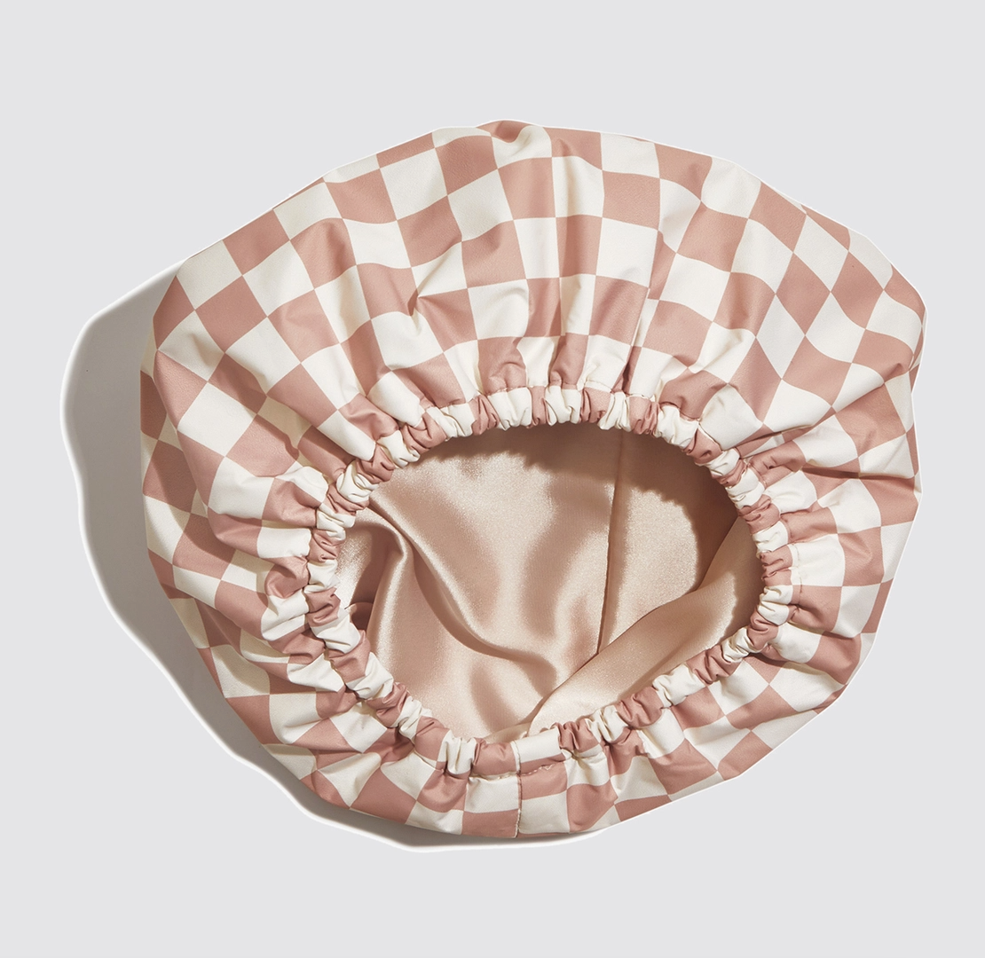 Satin Lined Flexi Shower Cap - Terracotta Checker - NY Gift Boutique