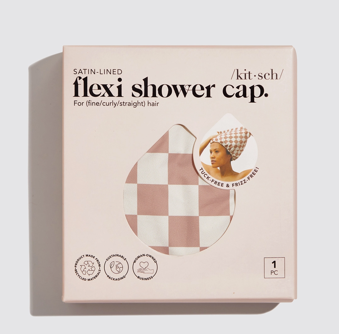 Satin Lined Flexi Shower Cap - Terracotta Checker - NY Gift Boutique