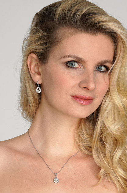Silver Rhodium Necklace & Earrings Set with CZ Framed Pearl