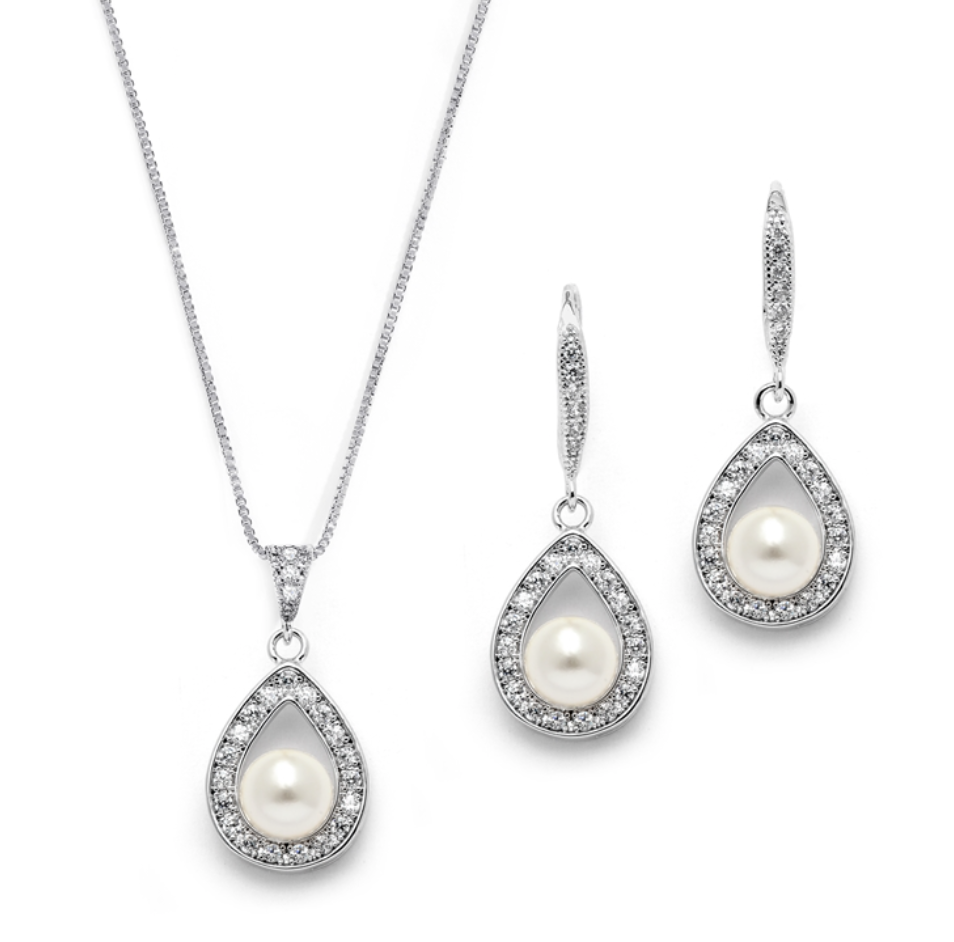 Silver Rhodium Necklace & Earrings Set with CZ Framed Pearl