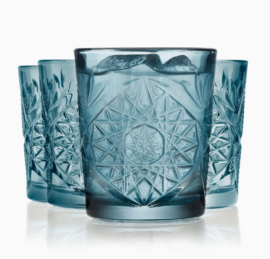 Libbey Hobstar Double Old Fashioned Glasses, 12oz, Soft Blue, Set of 4