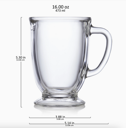 Libbey Kona Glass Coffee Mugs, 16-ounce, Set of 6