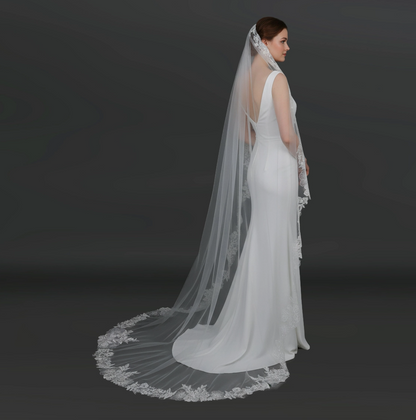 Mantilla Cathedral Length Floral Vine Embroidered Veil with Rhinestones