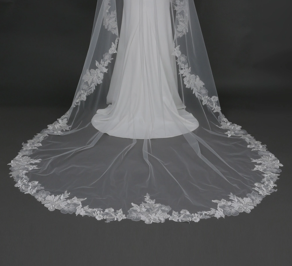 Mantilla Cathedral Length Floral Vine Embroidered Veil with Rhinestones