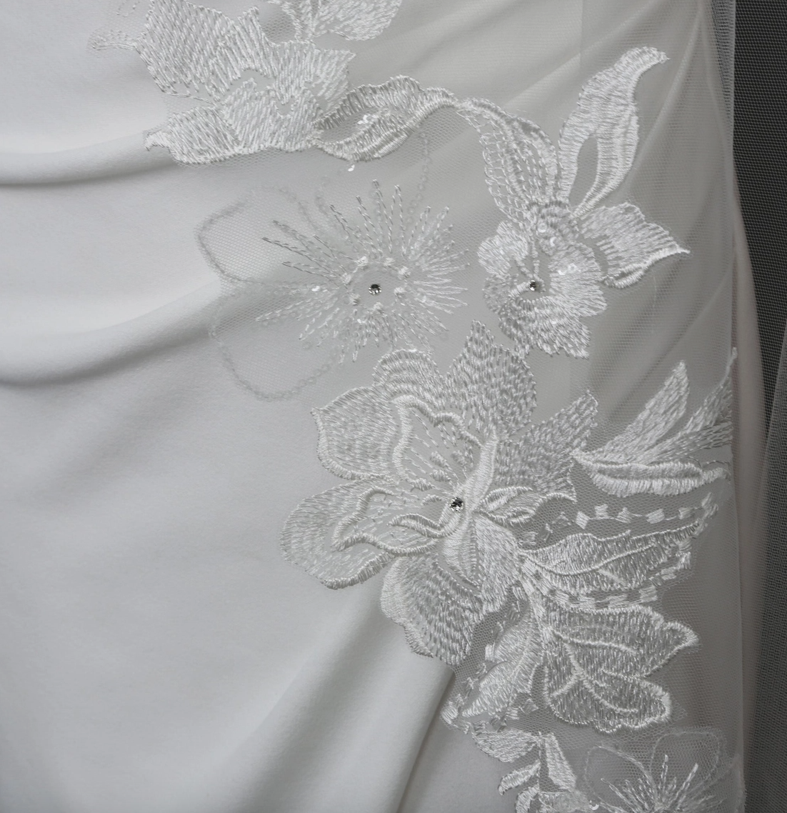 Mantilla Cathedral Length Floral Vine Embroidered Veil with Rhinestones