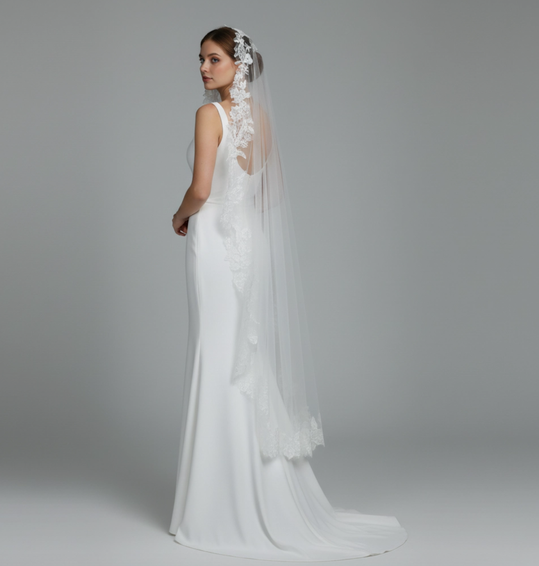 Mantilla Floral Vine Embroidered Veil Rhinestones Waltz Length